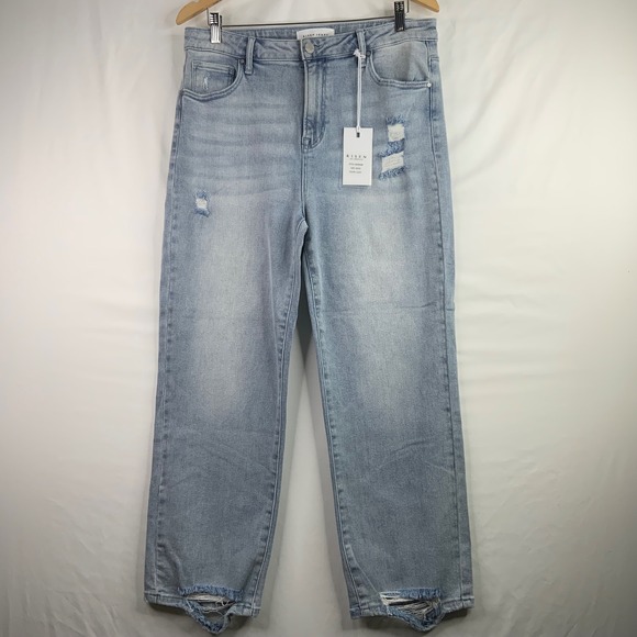 Risen Jeans Denim - Risen Jeans Los Angeles High Rise Distressed Straight Leg Light Wash 15/32